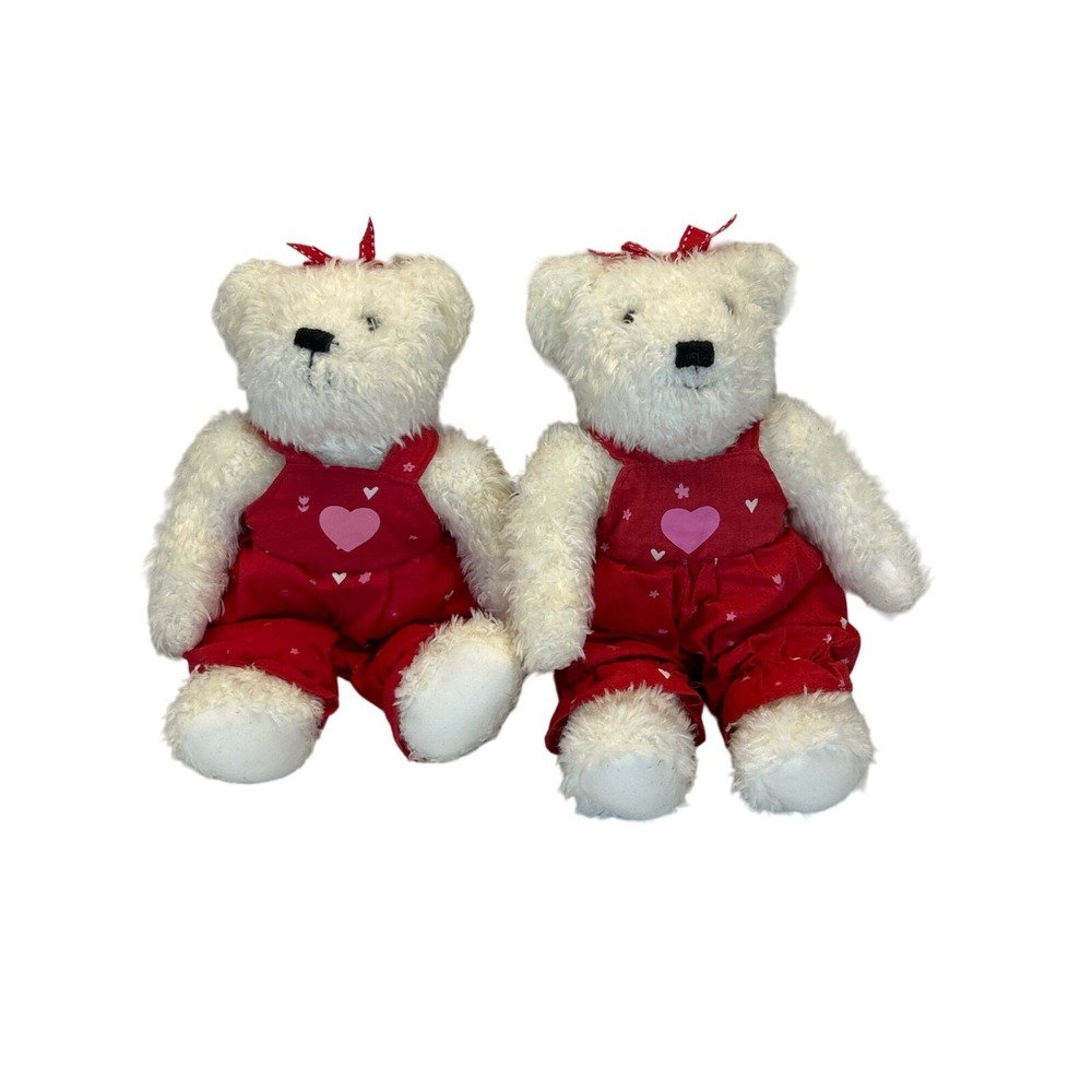 Hallmark 9" Plush White Teddy Bear Twins Lot of 2 Red Heart Outfit